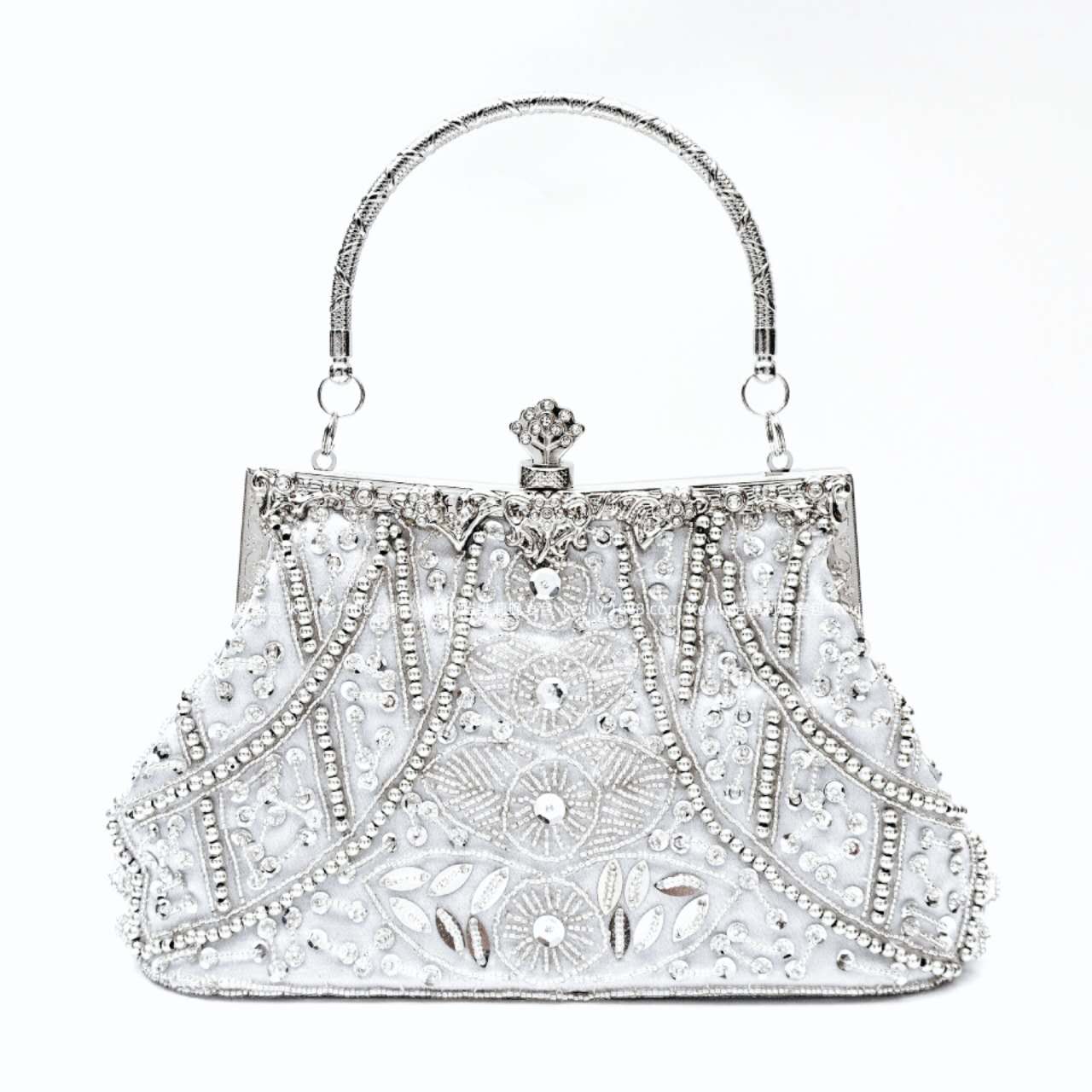 Hand Beaded Rhinestone Floral Evening Clutch Bag, Silver Frame Top Handle Formal Wedding Party Handbag for Bridal