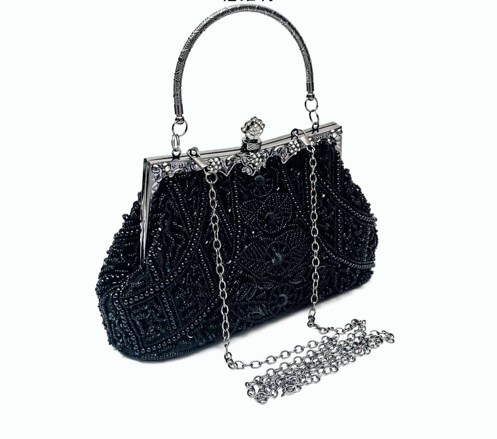 Black Hand Beaded Floral Evening Clutch, Dual-use Top Handle & Chain Formal Wedding Bridal Party Handbag