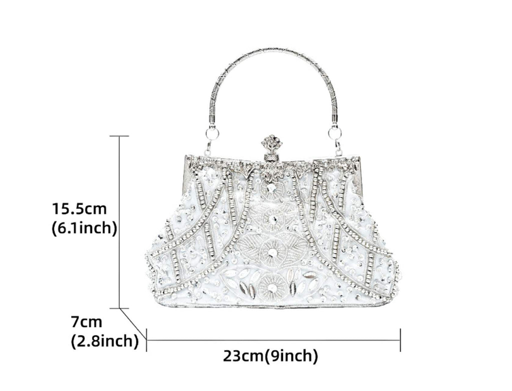 Hand Beaded Rhinestone Floral Evening Clutch Bag, Silver Frame Top Handle Formal Wedding Party Handbag for Bridal