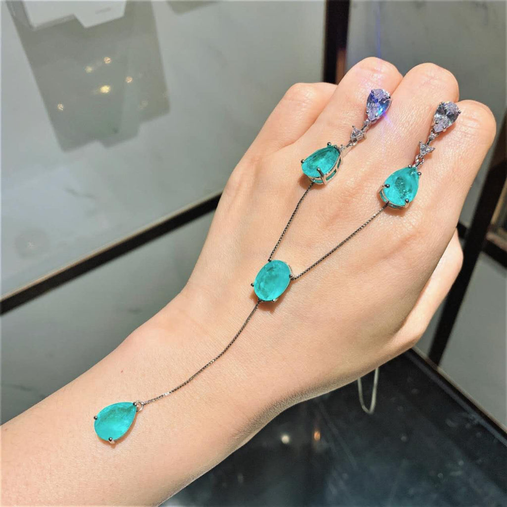 Ensemble de bijoux simulés Tourmaline Paraiba : Collier Lariat et boucles d'oreilles pendantes, hypoallergénique