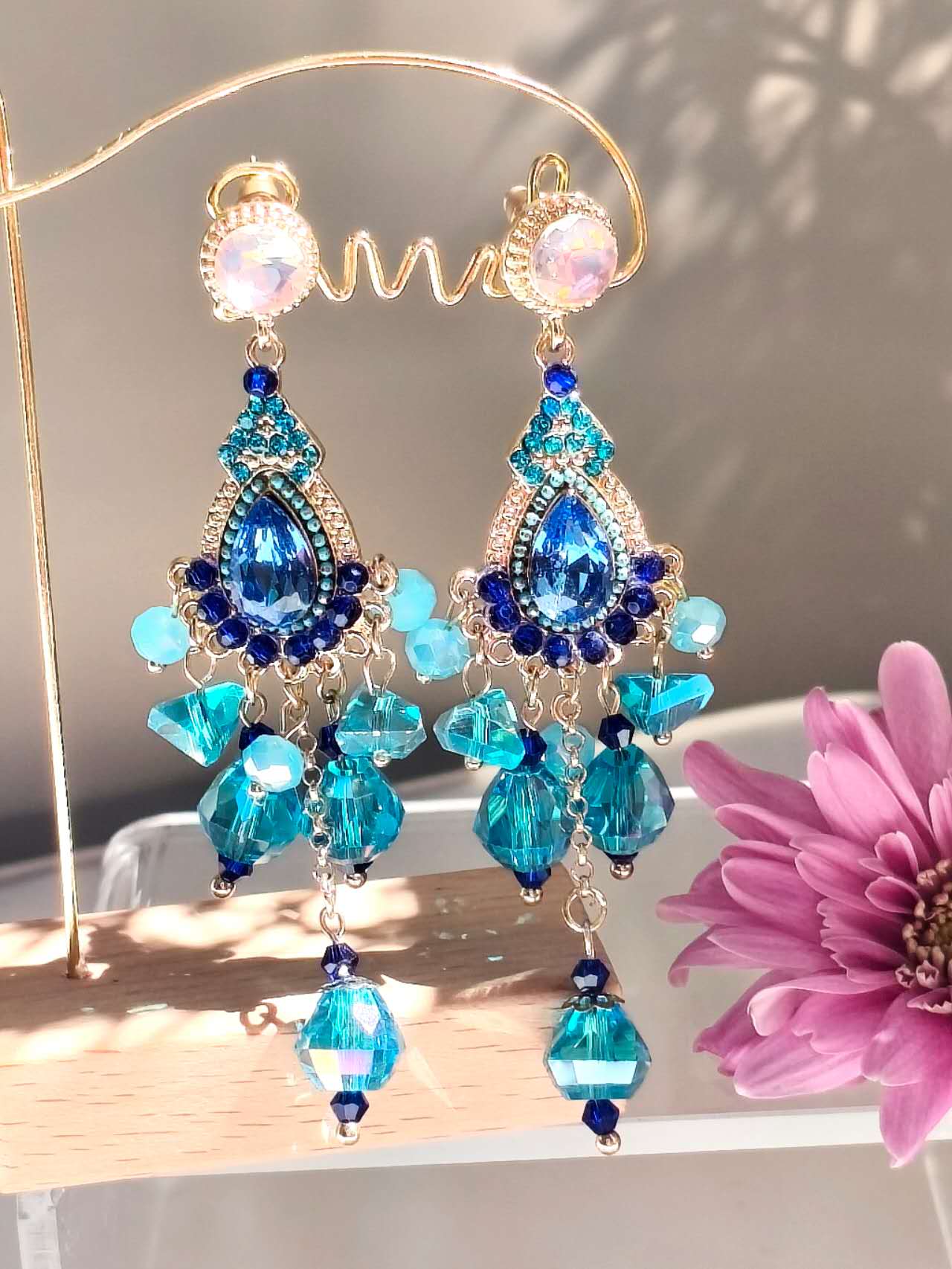 Bohemian Ocean Blue Cubic Zirconia Crystal Tassel Drop Earrings