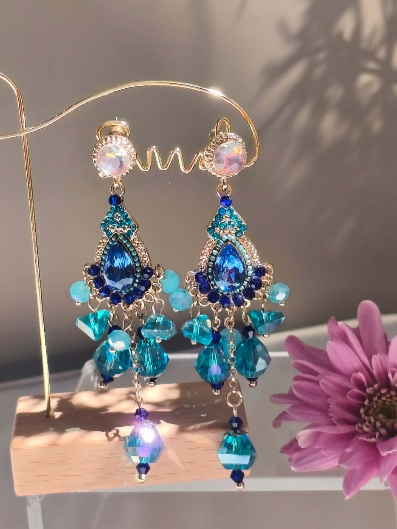 Bohemian Ocean Blue Cubic Zirconia Crystal Tassel Drop Earrings
