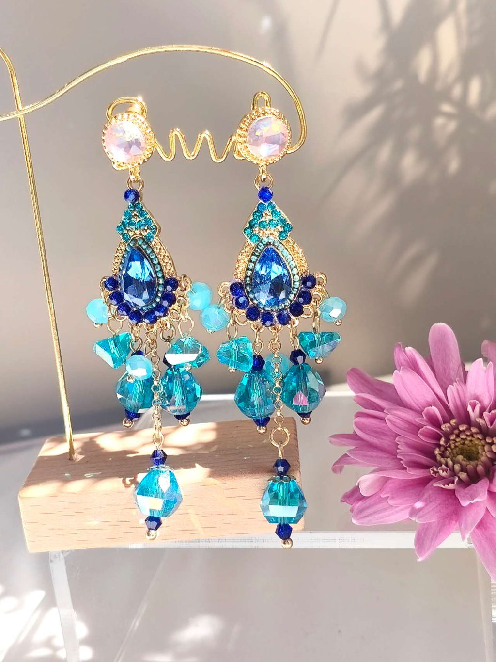 Bohemian Ocean Blue Cubic Zirconia Crystal Tassel Drop Earrings