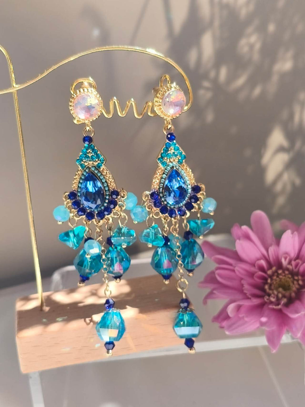 Bohemian Ocean Blue Cubic Zirconia Crystal Tassel Drop Earrings