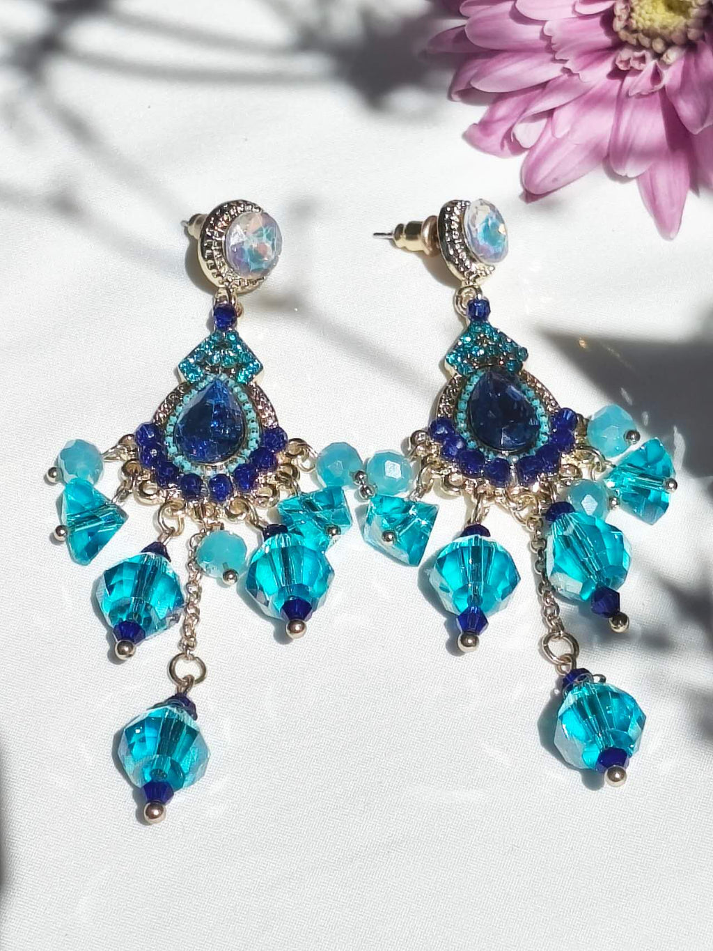 Bohemian Ocean Blue Cubic Zirconia Crystal Tassel Drop Earrings