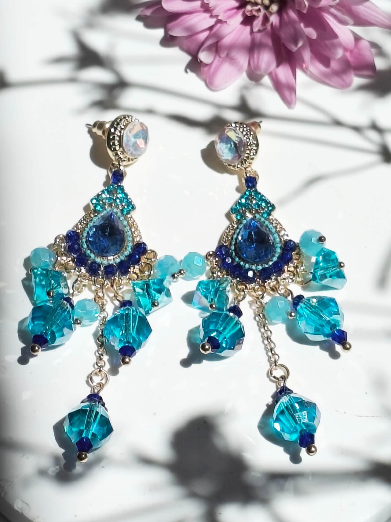 Bohemian Ocean Blue Cubic Zirconia Crystal Tassel Drop Earrings
