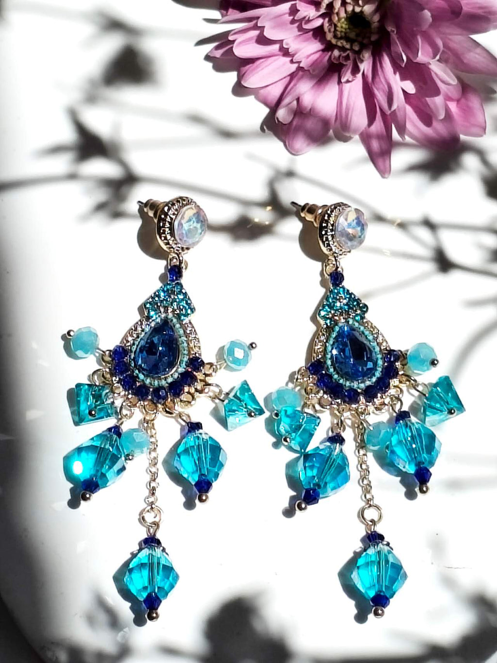 Bohemian Ocean Blue Cubic Zirconia Crystal Tassel Drop Earrings