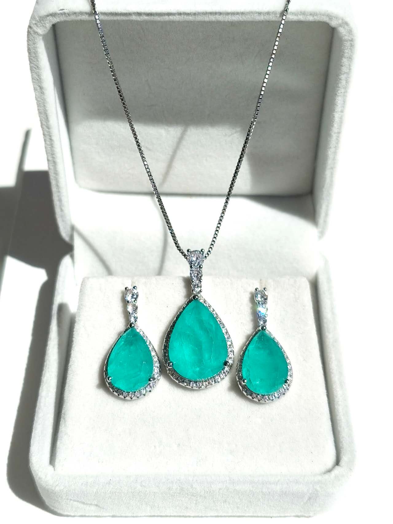 Paraiba Tourmaline Simulated Jewelry Set: Necklace & Earrings, Hypoallergenic