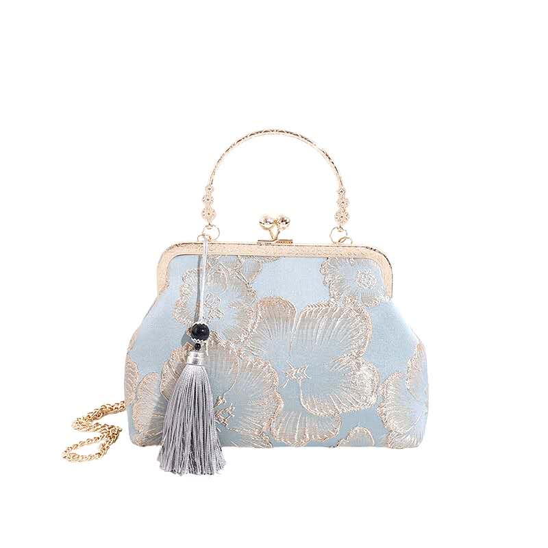 Vintage Embroidery Floral Clutch Purse with Tassel, Removable Chain Strap Formal Wedding Evening Handbag
