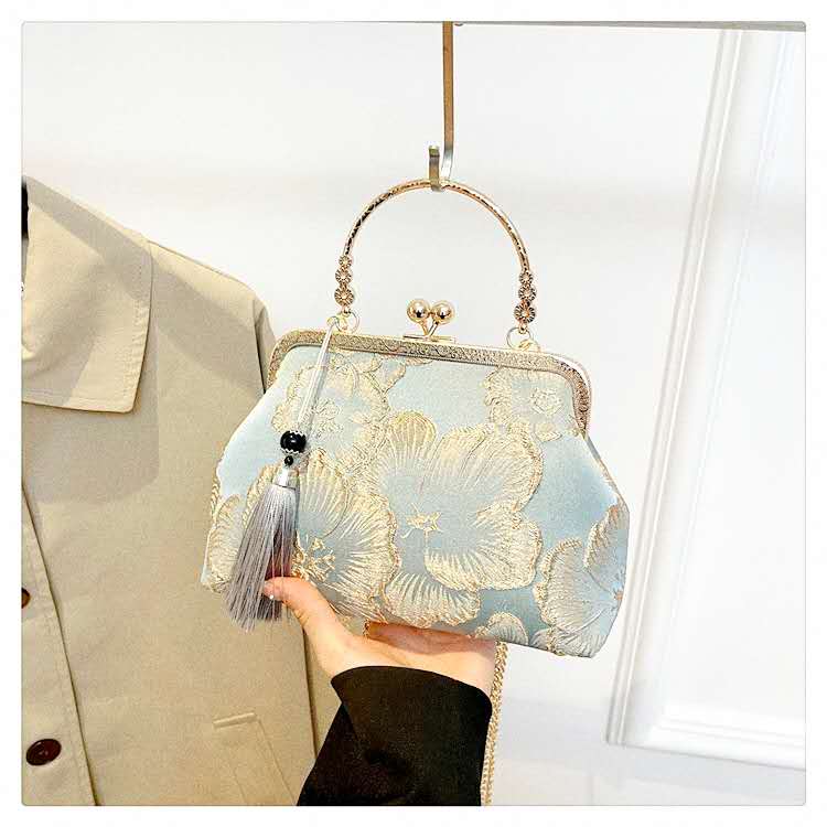 Vintage Embroidery Floral Clutch Purse with Tassel, Removable Chain Strap Formal Wedding Evening Handbag
