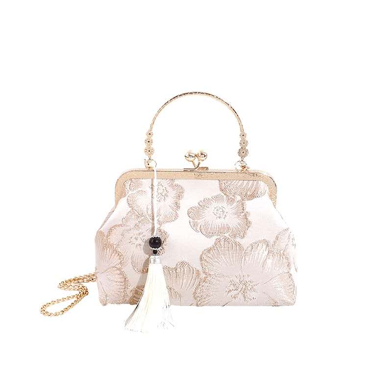 Vintage Gold Floral Embroidery Kiss Lock Clutch, Tassel Decor Removable Chain Evening Handbag for Wedding Party
