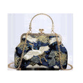 Chinese Crane Brocade Kiss Lock Clutch, Vintage Floral Embroidery Removable Chain Evening Handbag for Cheongsam