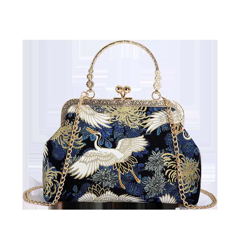Chinese Crane Brocade Kiss Lock Clutch, Vintage Floral Embroidery Removable Chain Evening Handbag for Cheongsam