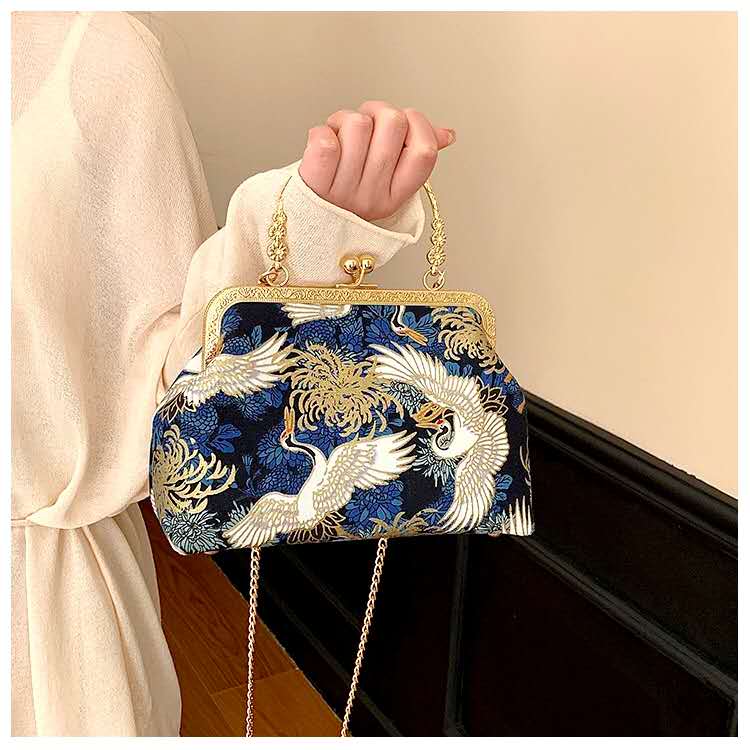 Chinese Crane Brocade Kiss Lock Clutch, Vintage Floral Embroidery Removable Chain Evening Handbag for Cheongsam