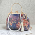 Chinese Ink Floral Embroidery Kiss Lock Clutch, Pearl Strap & Tassel Removable Chain Evening Handbag for Cheongsam