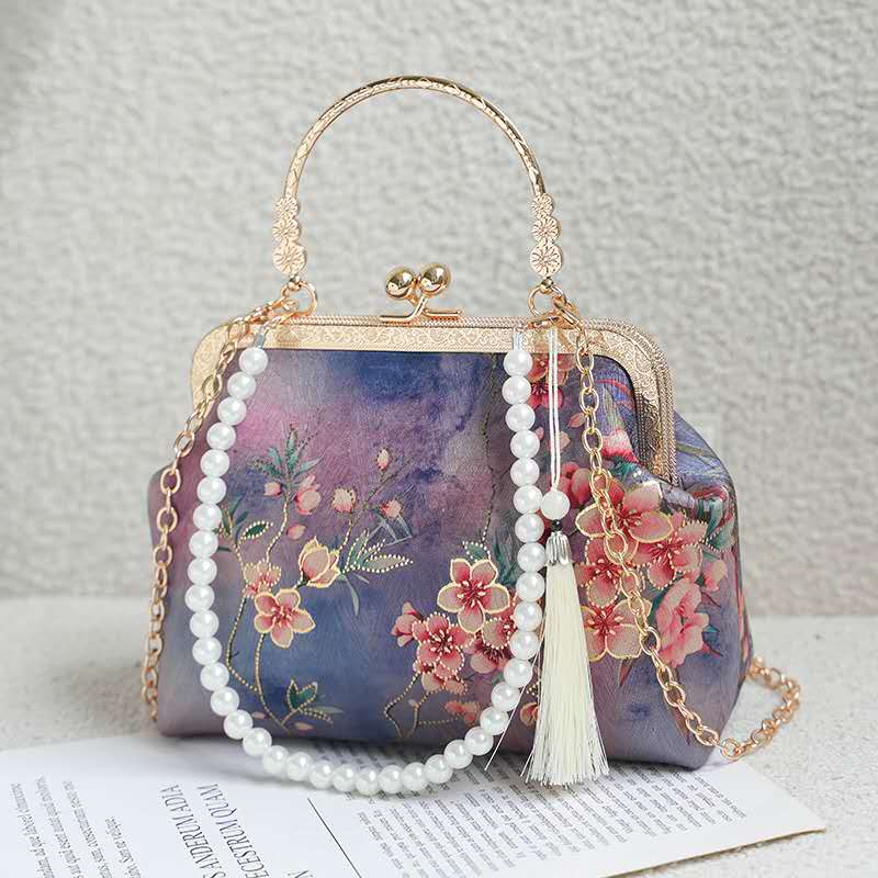 Chinese Ink Floral Embroidery Kiss Lock Clutch, Pearl Strap & Tassel Removable Chain Evening Handbag for Cheongsam