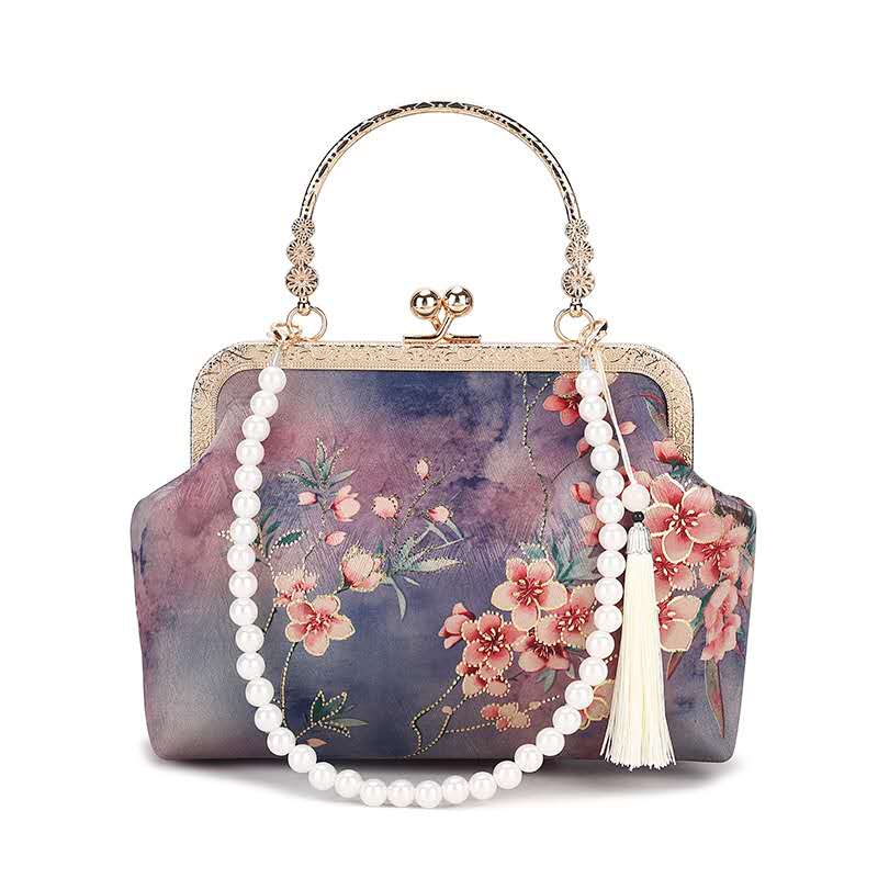 Chinese Ink Floral Embroidery Kiss Lock Clutch, Pearl Strap & Tassel Removable Chain Evening Handbag for Cheongsam