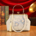 3D Floral Embroidery Kiss Lock Clutch, Pearl Handle + Detachable Chain Vintage Chinese Evening Handbag for Cheongsam