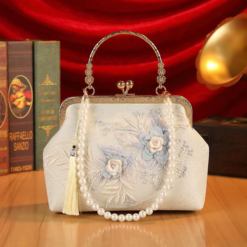 3D Floral Embroidery Kiss Lock Clutch, Pearl Handle + Detachable Chain Vintage Chinese Evening Handbag for Cheongsam