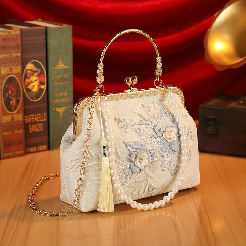 3D Floral Embroidery Kiss Lock Clutch, Pearl Handle + Detachable Chain Vintage Chinese Evening Handbag for Cheongsam