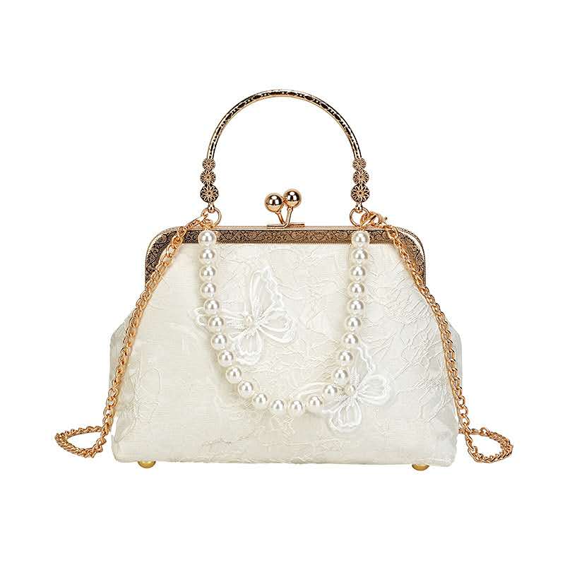 Handmade Lace Butterfly Embroidery Clutch Bag, Vintage Pearl Top Handle Evening Purse for Wedding Bridal Crossbody Handbag