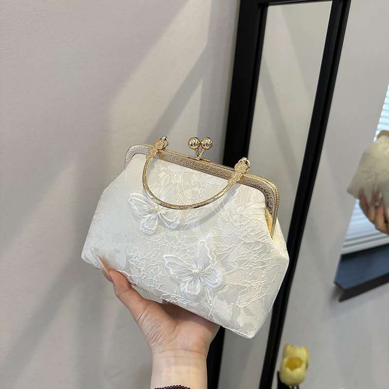 Handmade Lace Butterfly Embroidery Clutch Bag, Vintage Pearl Top Handle Evening Purse for Wedding Bridal Crossbody Handbag