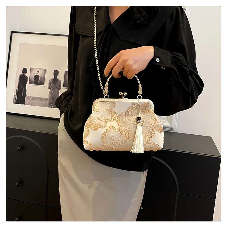 Vintage Gold Floral Embroidery Kiss Lock Clutch, Tassel Decor Removable Chain Evening Handbag for Wedding Party