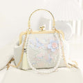 Chinese Style 3D Floral Embroidery Clutch, Tassel Pearl Handle Evening Bag Hanfu Bridal Crossbody Purse