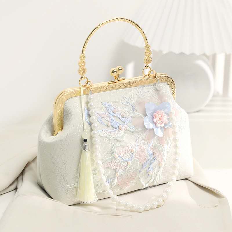 Chinese Style 3D Floral Embroidery Clutch, Tassel Pearl Handle Evening Bag Hanfu Bridal Crossbody Purse