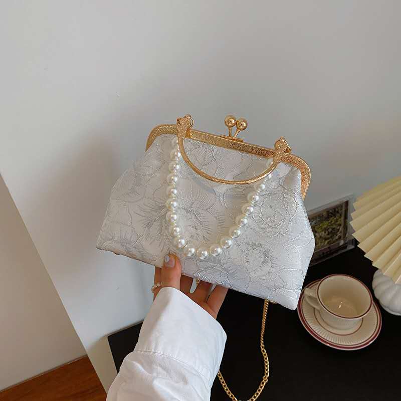 Silver Thread Embossed Rose Lace Kiss Lock Clutch, Vintage Pearl Handle Evening Bag Bridal Crossbody Purse