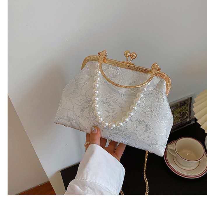 Silver Thread Embossed Rose Lace Kiss Lock Clutch, Vintage Pearl Handle Evening Bag Bridal Crossbody Purse