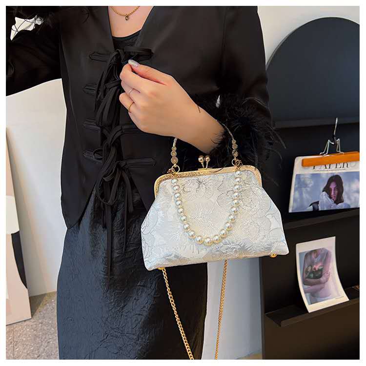 Silver Thread Embossed Rose Lace Kiss Lock Clutch, Vintage Pearl Handle Evening Bag Bridal Crossbody Purse