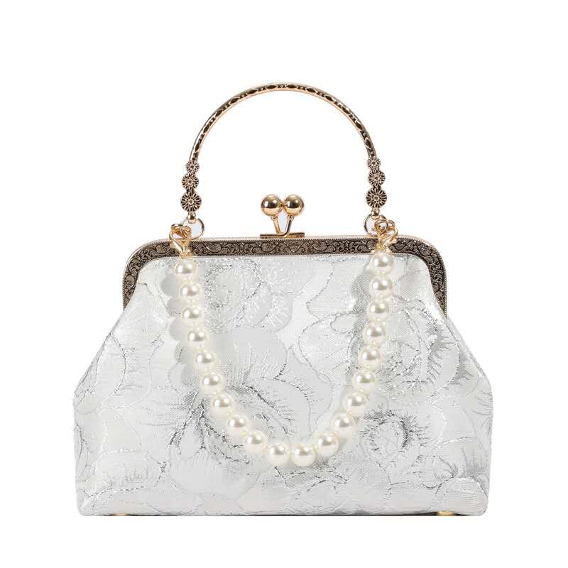 Silver Thread Embossed Rose Lace Kiss Lock Clutch, Vintage Pearl Handle Evening Bag Bridal Crossbody Purse