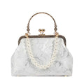Silver Thread Embossed Rose Lace Kiss Lock Clutch, Vintage Pearl Handle Evening Bag Bridal Crossbody Purse