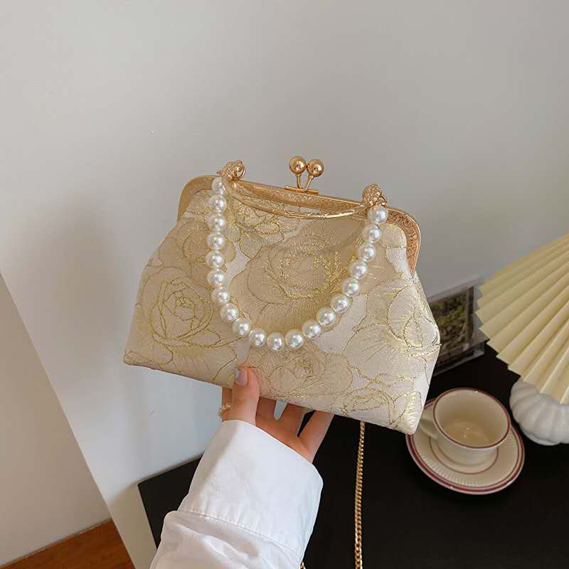Gold Thread Jacquard Rose Kiss Lock Clutch, Vintage Pearl Handle Bridal Evening Crossbody Purse