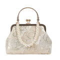 Gold Thread Jacquard Rose Kiss Lock Clutch, Vintage Pearl Handle Bridal Evening Crossbody Purse