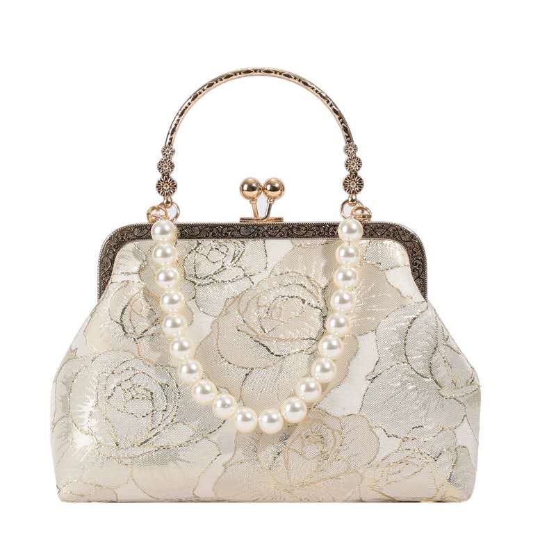 Gold Thread Jacquard Rose Kiss Lock Clutch, Vintage Pearl Handle Bridal Evening Crossbody Purse