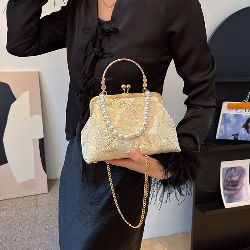 Gold Thread Jacquard Rose Kiss Lock Clutch, Vintage Pearl Handle Bridal Evening Crossbody Purse