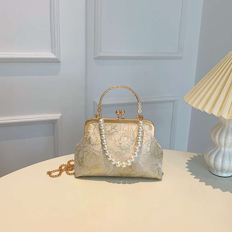 Gold Thread Jacquard Rose Kiss Lock Clutch, Vintage Pearl Handle Bridal Evening Crossbody Purse
