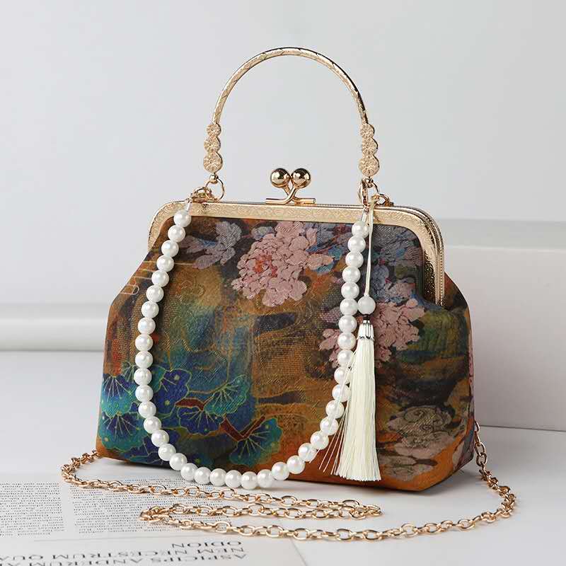 Chinese Vintage Painting Floral Xiangyunsha Clutch, Tassel Pearl Handle Qipao Hanfu Evening Crossbody Bag