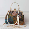 Chinese Vintage Painting Floral Xiangyunsha Clutch, Tassel Pearl Handle Qipao Hanfu Evening Crossbody Bag