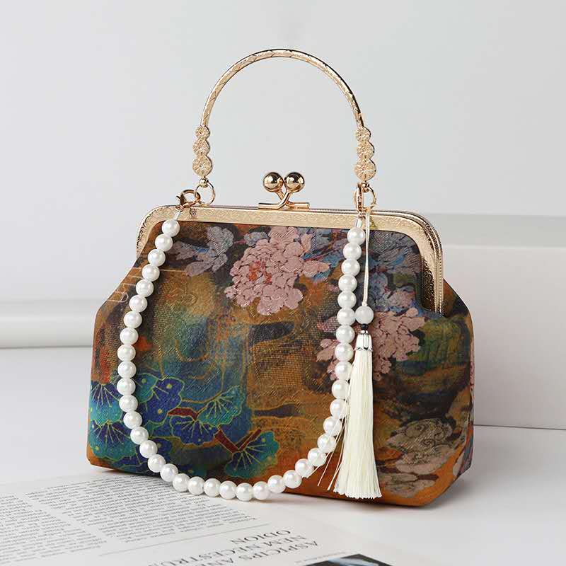Chinese Vintage Painting Floral Xiangyunsha Clutch, Tassel Pearl Handle Qipao Hanfu Evening Crossbody Bag