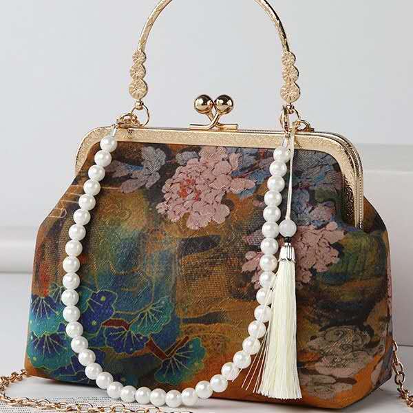 Chinese Vintage Painting Floral Xiangyunsha Clutch, Tassel Pearl Handle Qipao Hanfu Evening Crossbody Bag