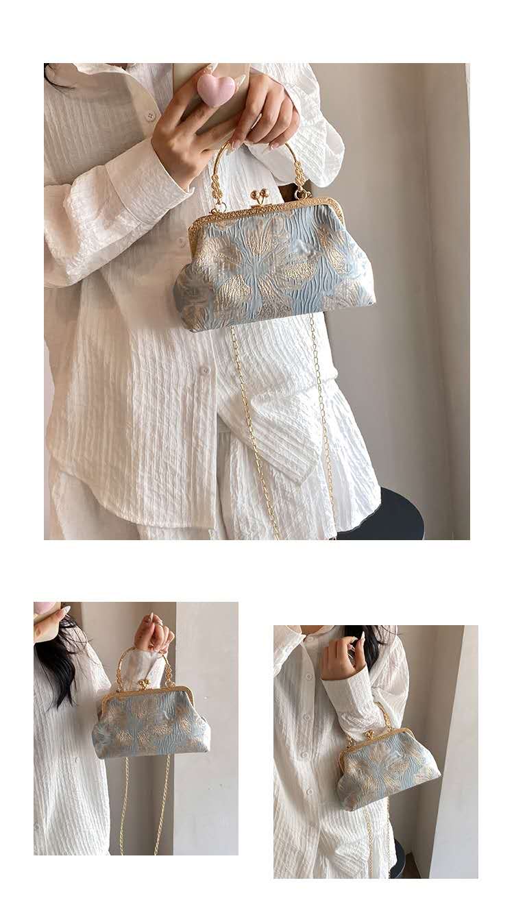 Gold Jacquard Floral Kiss Lock Clutch, Vintage Light Blue Top Handle Bridal Qipao Crossbody Evening Bag