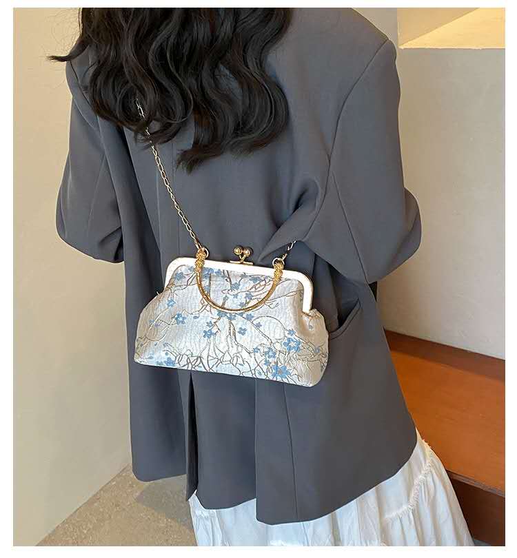 Gold Jacquard Floral Kiss Lock Clutch, Vintage Light Blue Top Handle Bridal Qipao Crossbody Evening Bag