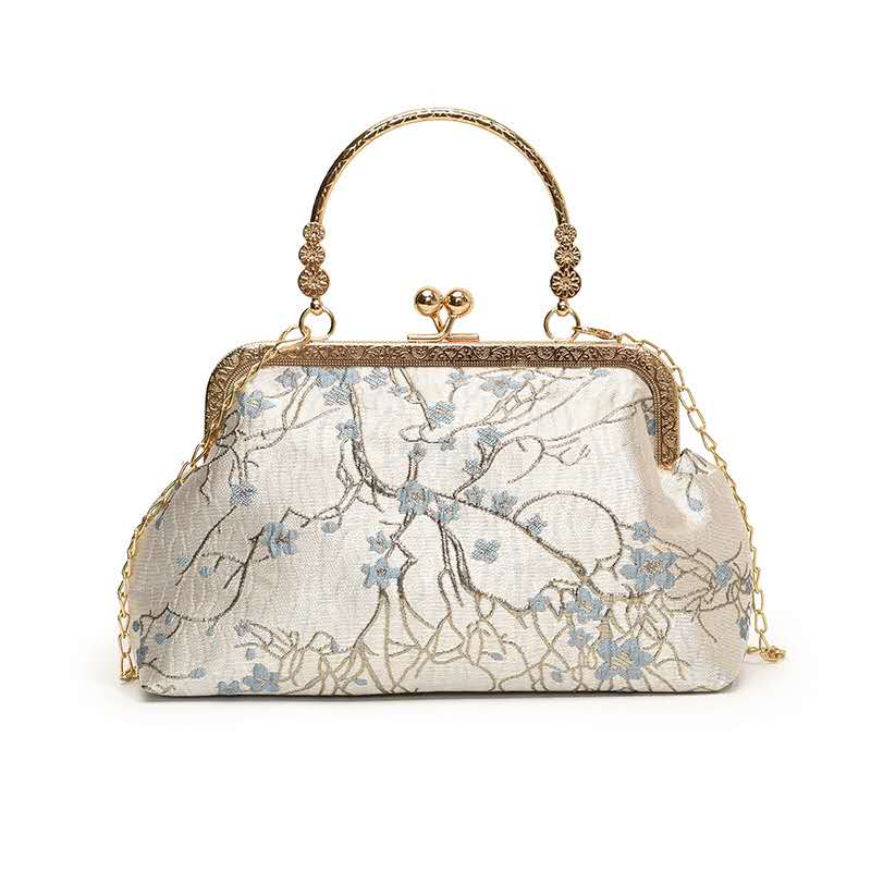 Gold Jacquard Floral Kiss Lock Clutch, Vintage Light Blue Top Handle Bridal Qipao Crossbody Evening Bag