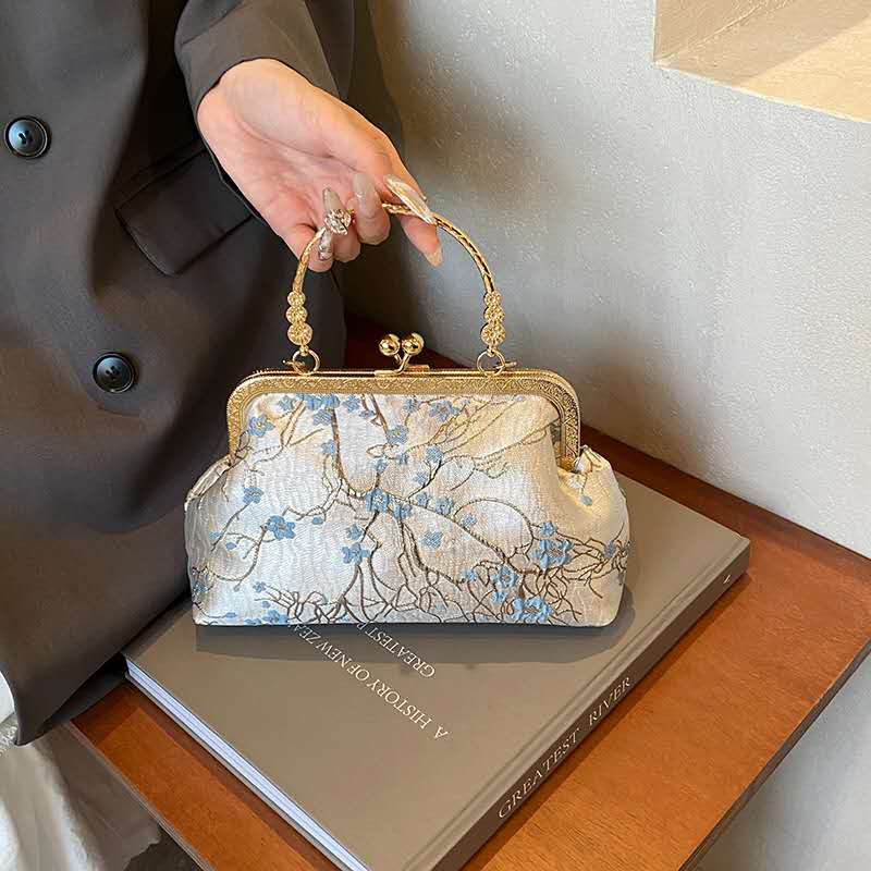 Gold Jacquard Floral Kiss Lock Clutch, Vintage Light Blue Top Handle Bridal Qipao Crossbody Evening Bag