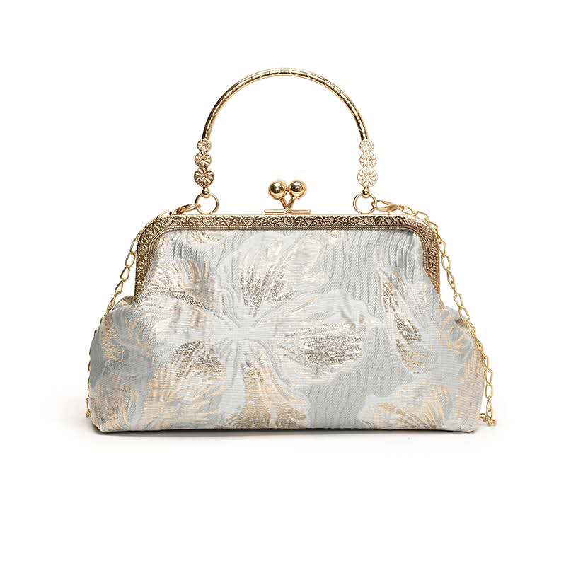 Gold Jacquard Floral Kiss Lock Clutch, Vintage Light Blue Top Handle Bridal Qipao Crossbody Evening Bag