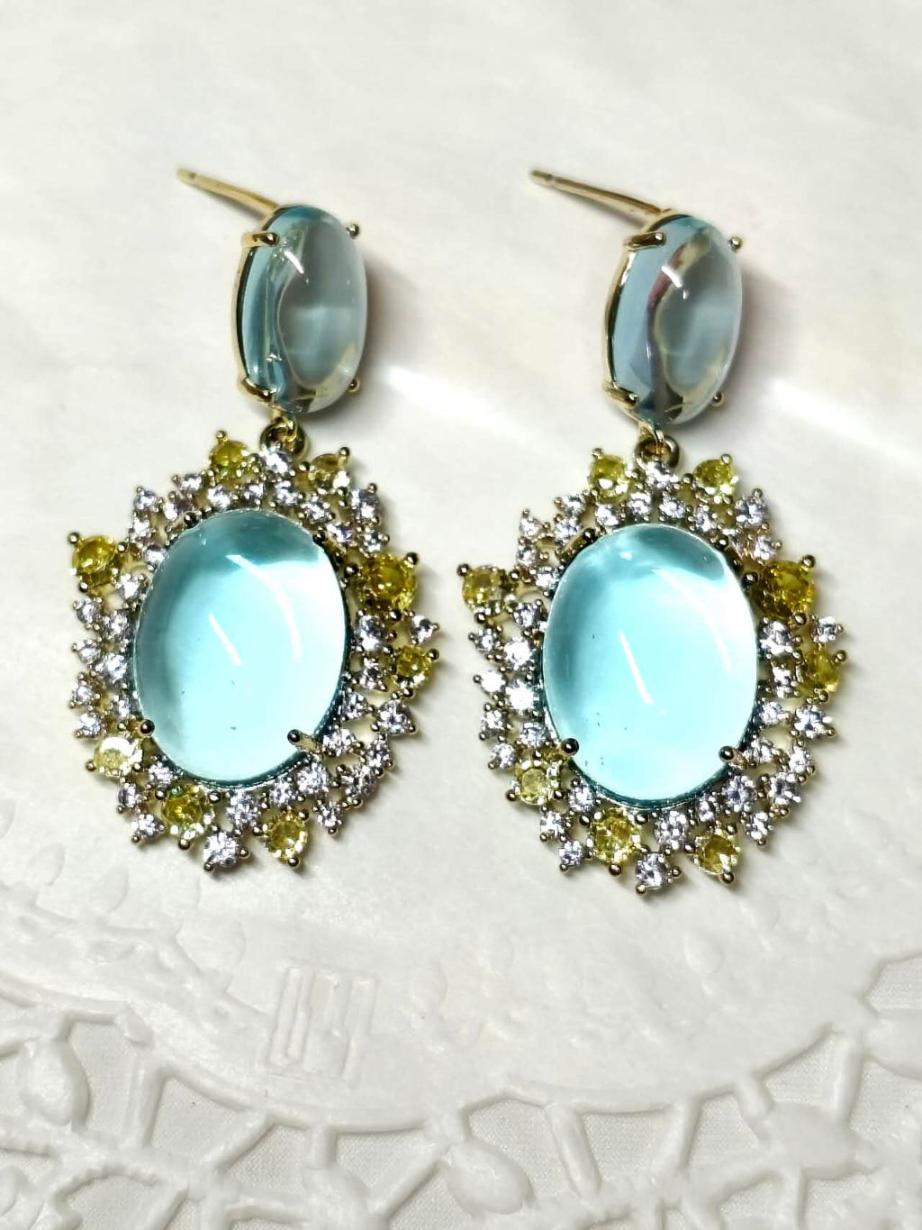 Vintage Oval Cabochon Blue Zircon Sunflower Drop Earrings, Gold Plated Hypoallergenic Bridal Evening Dangle Earring