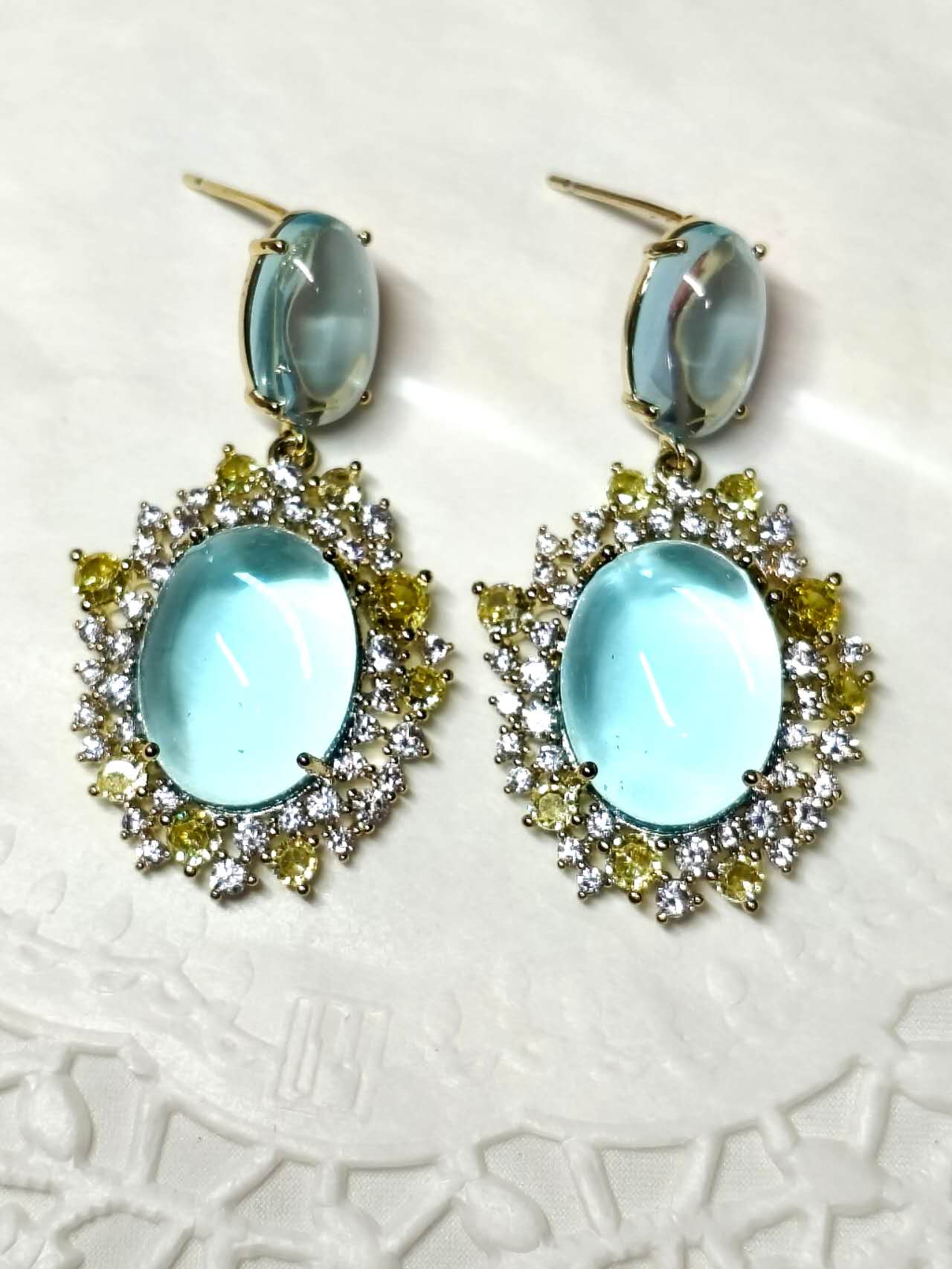 Vintage Oval Cabochon Blue Zircon Sunflower Drop Earrings, Gold Plated Hypoallergenic Bridal Evening Dangle Earring